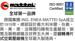 跨國集團 ING. ENEA MATTEI SpA 成立於1919年。總部設於義大利米蘭，在義、英、美、德、法等國均擁有生產基地，銷售及服務網遍及世界五大洲，是迴轉滑片式空氣壓縮機全球最大製造商。 