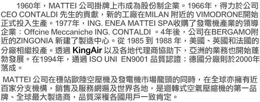1960�~�AMATTEI ���q���P�W�������ѥ�����~�C1966�~�A�o�O�󤽥qCEO CONTALDI ���ͪ��^�m�A�s���u�t�bMILAN ���� VIMODRONE�}�l������J�Ͳ��C1977�~�AING. ENEA MATTEI SPA���ʤF�o�q�����~����ɥ��~�GOffcine Meccaniche ING. CONTALDI �C4�~��A���q�bBERGAMO����ZINGONIA �s�ؤF�s�y���ߡC�q 1985 �� 1988 �~�A����B�^��M�k�ꪺ���t���~�벣�C�z�L KingAir �H�ΦU�a�N�z�Ө�U�U�A�Ȭw���~�Ȥ]�}�l���k�o�i�C�b1994�~�A�q�L ISO UNI  EN9001 �~��{�ҡF�w����t�h��2000�~�����C

MATTEI ���q�bí���ڳ��������εo�q�������s�Y���P�ɡA�b���y��֦���ʮa������c�A�P��ΪA�Ⱥ��M�Υ@�ɦU�a�A�O�j�ড�Ů����Y�����Ĥ@�~�P�B���y�̤j�s�y�ӡA�~��`ì�U��Τ�@�P�֩w�C